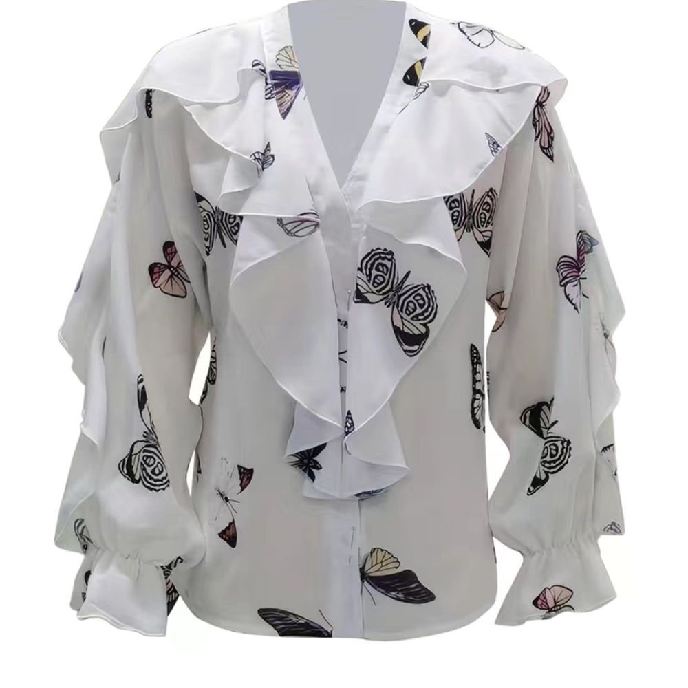 BUTTERFLY PRINT RUFFLE HEM BLOUSE V-NECK LONG SLEEVES WESTERN CASUAL BOHO TOP SM - Picture 2 of 3